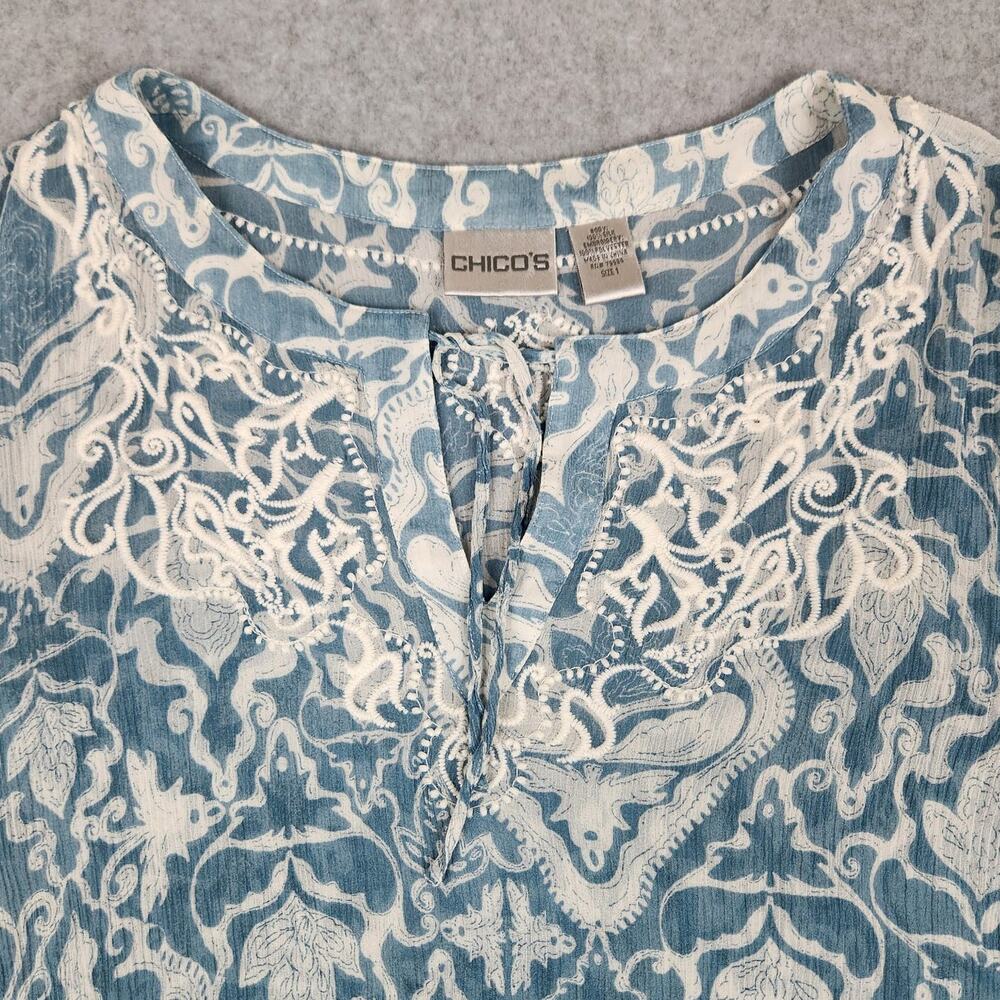 🌼Chico's Blouse Womens Size 1 US M/8 Blue White Silk Embroidery Trim Sheer - Picture 4 of 11